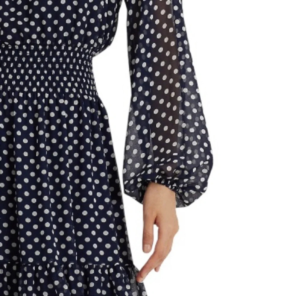 Lauren Ralph Lauren Polka Dot Chiffon Midi Dress Smocked Waist Navy Size 12 - Picture 8 of 14